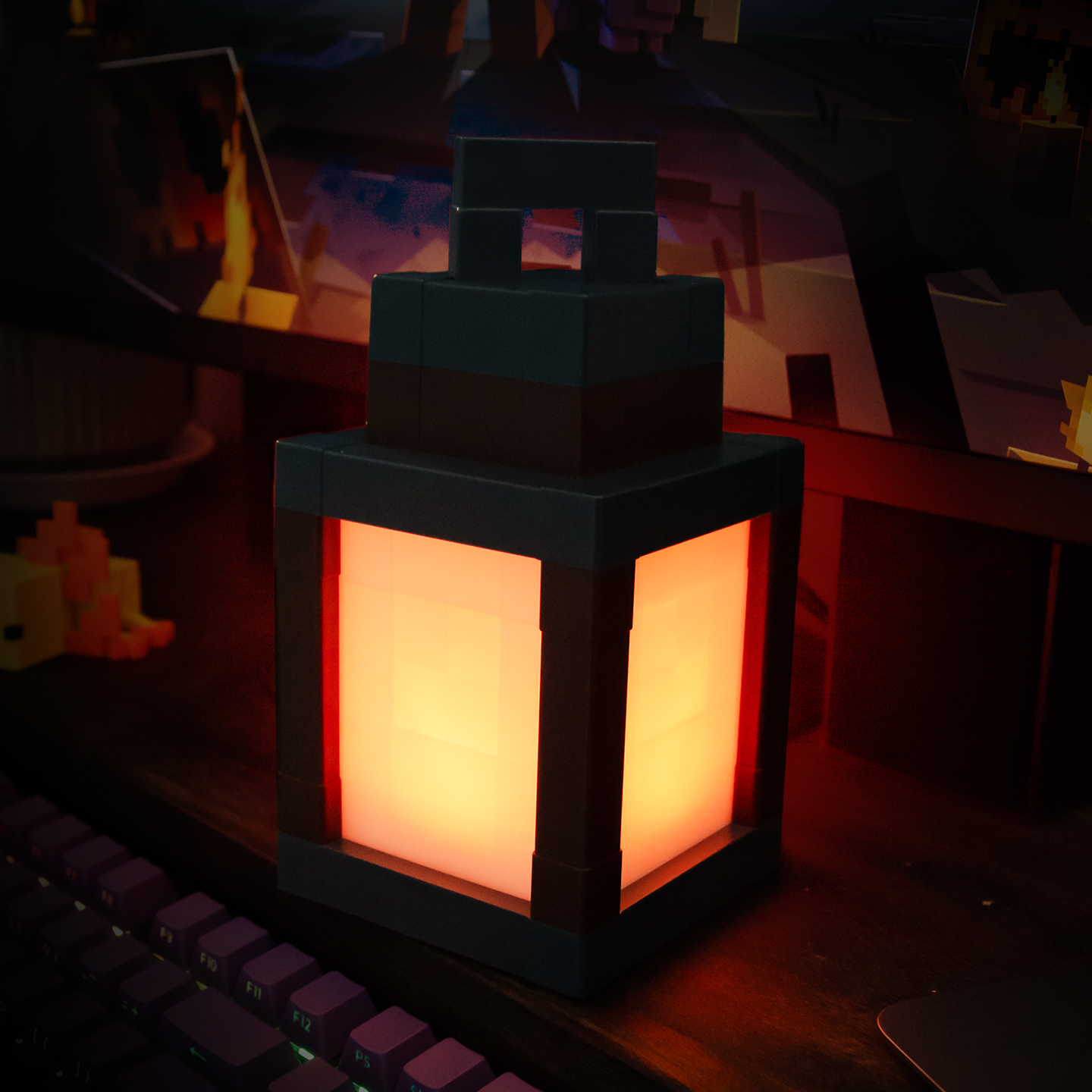 Pixel lantern glowing warm orange in a real room