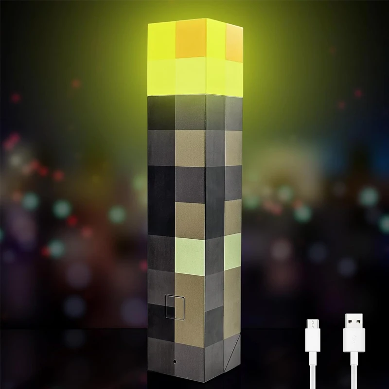 Pixel torch lamp glowing warm amber against a dark room